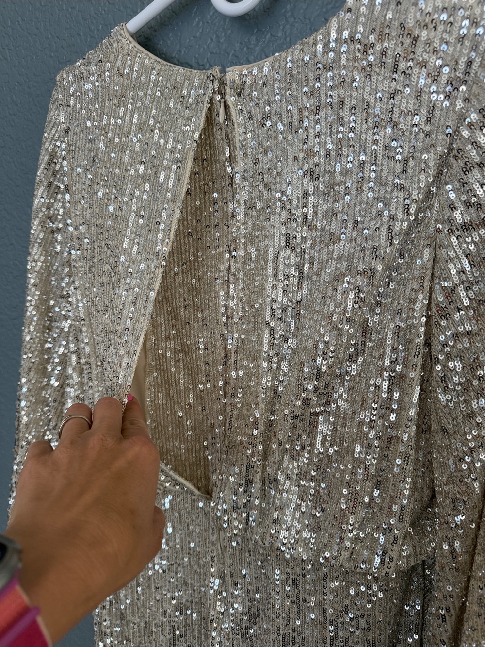 Eliza J beige and silver Sequin V-Neck Mini Dress longsleeve - Picture 8 of 15